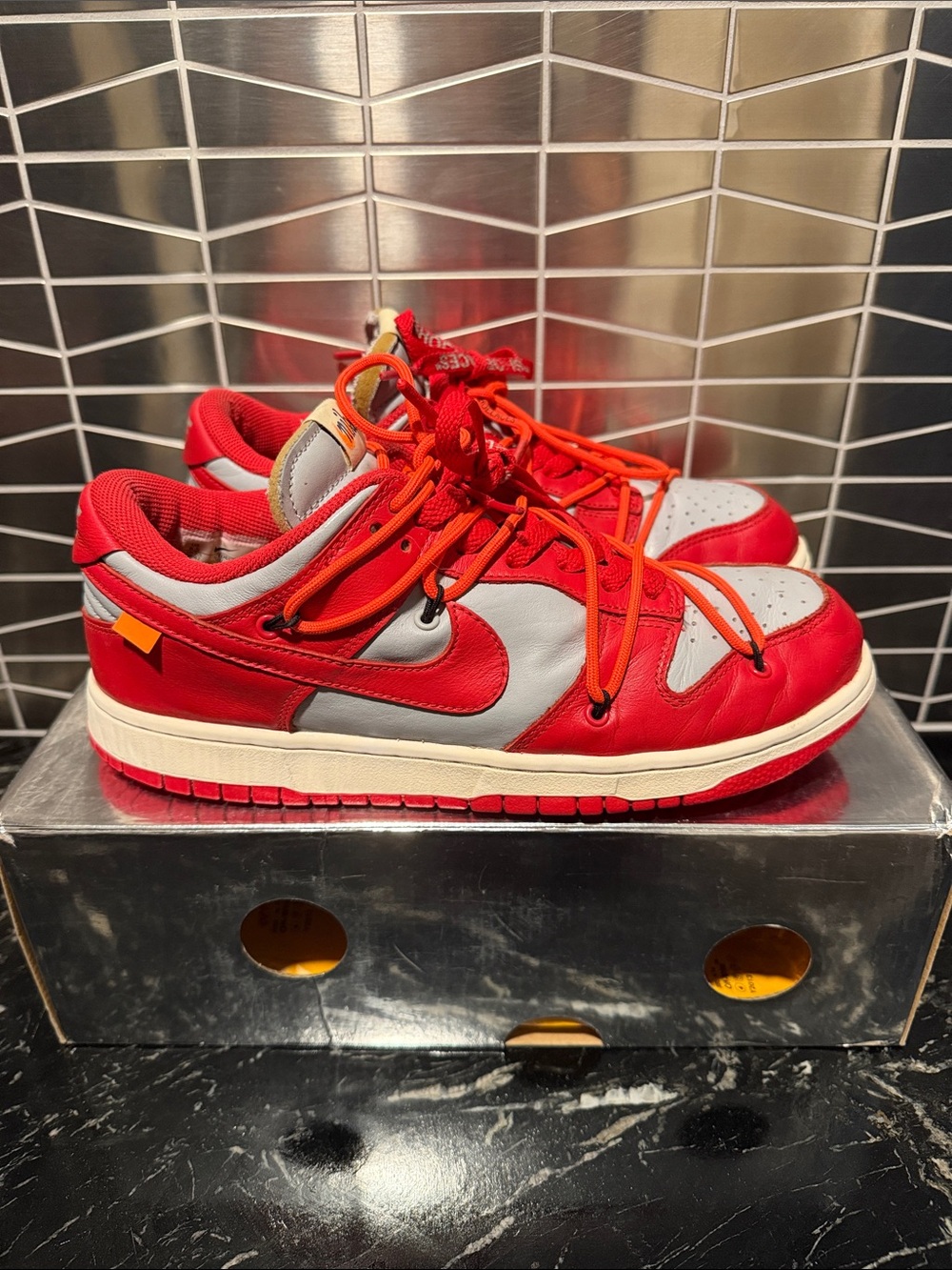 Nike Off-White “University Red” Red and Gray Low-Top Sneakers